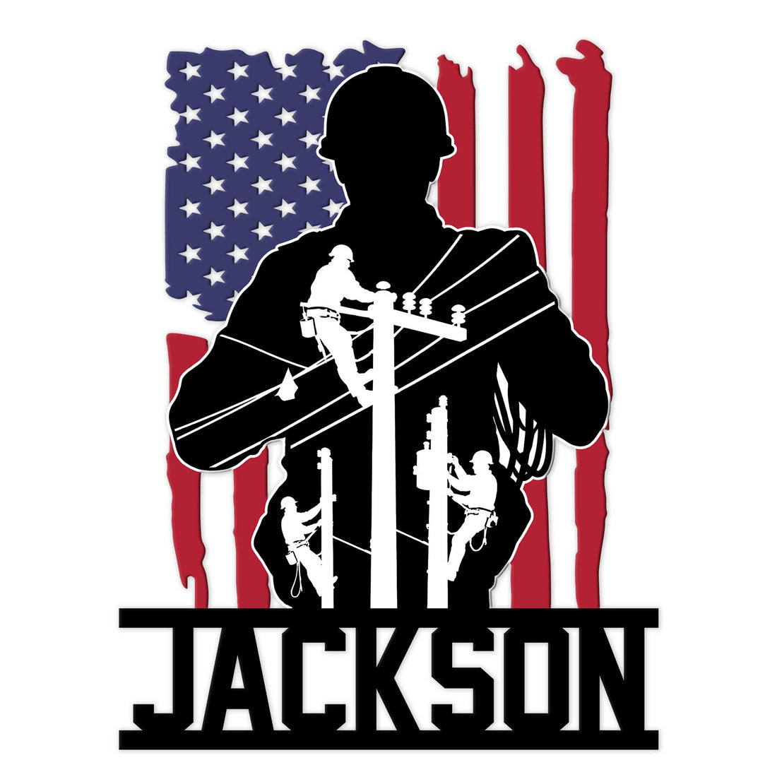 Custom lineman metal sign featuring a utility worker silhouette, power lines, and an American flag backdrop