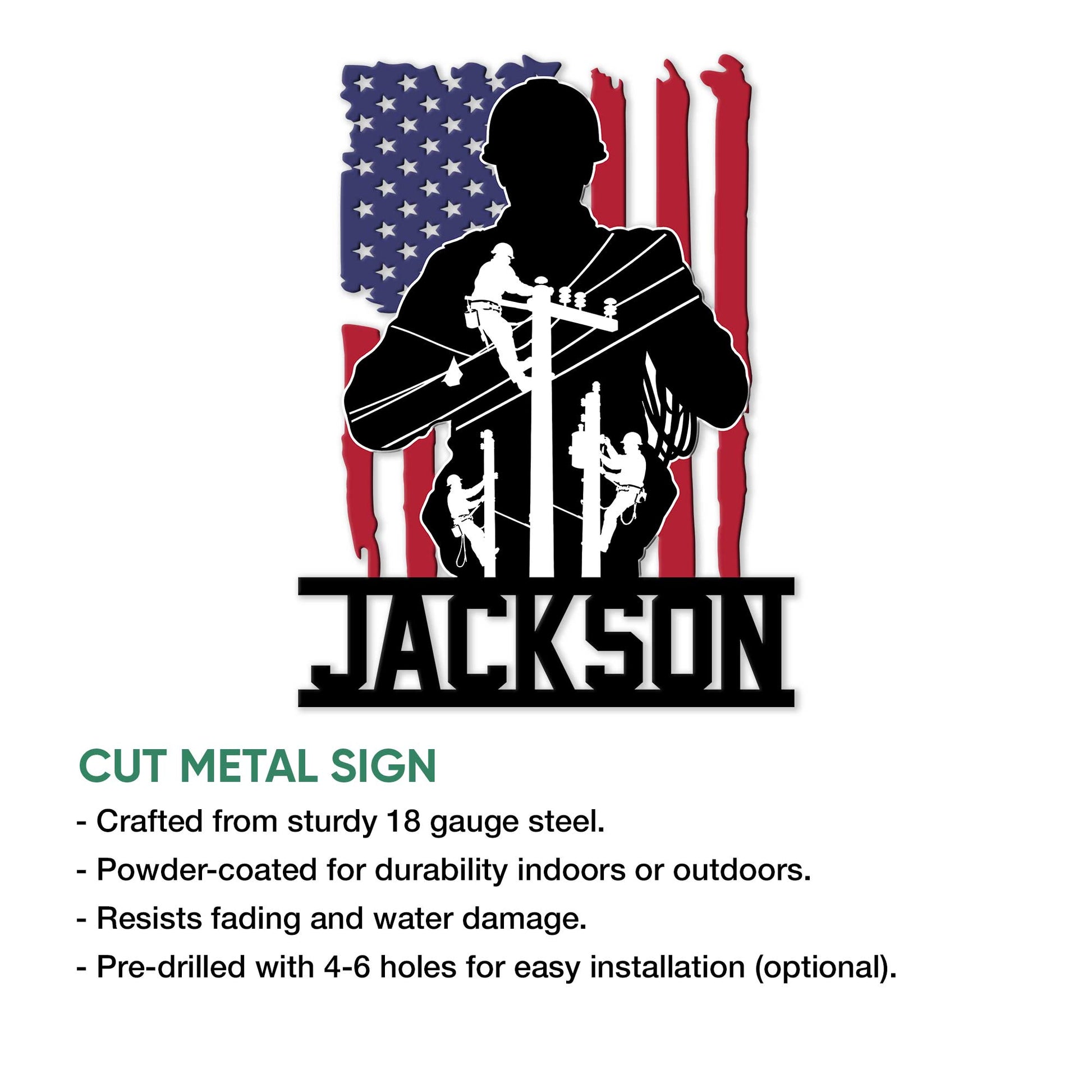 Lineman metal sign shown with cut-metal construction and a bold utility worker design