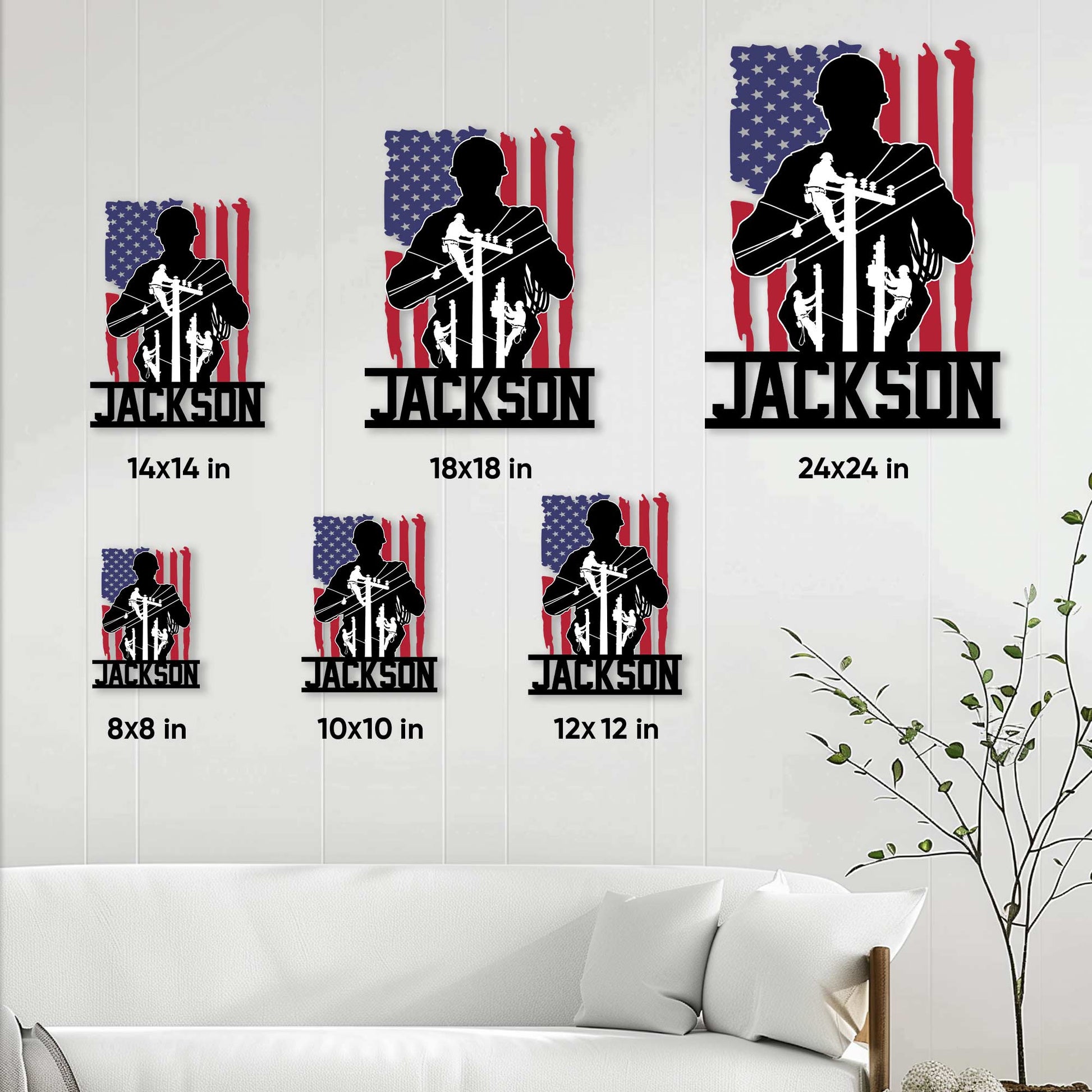 Lineman metal sign size guide showing available square sizes from 8 by 8 to 24 by 24 inches