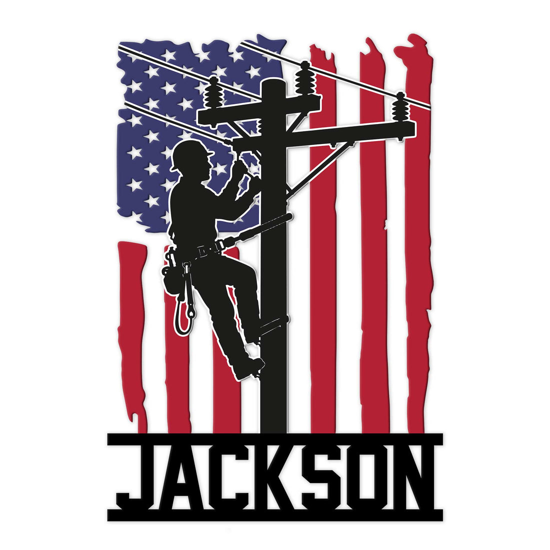 Patriotic lineman metal sign featuring a utility worker climbing a power pole over an American flag