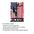 Lineman metal sign product graphic showing a utility worker silhouette and available sign features