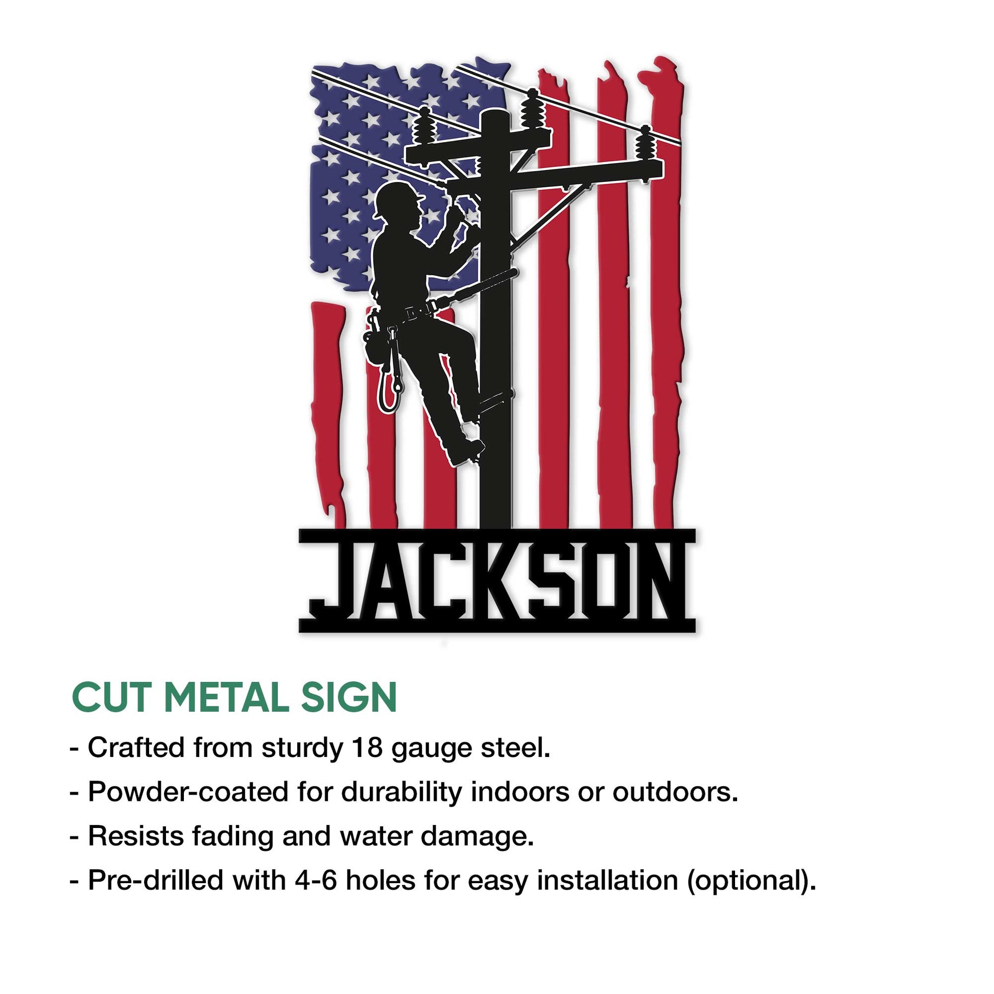 Lineman metal sign product graphic showing a utility worker silhouette and available sign features