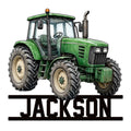 Detailed green farm tractor metal sign with bold custom lettering beneath the tractor illustration