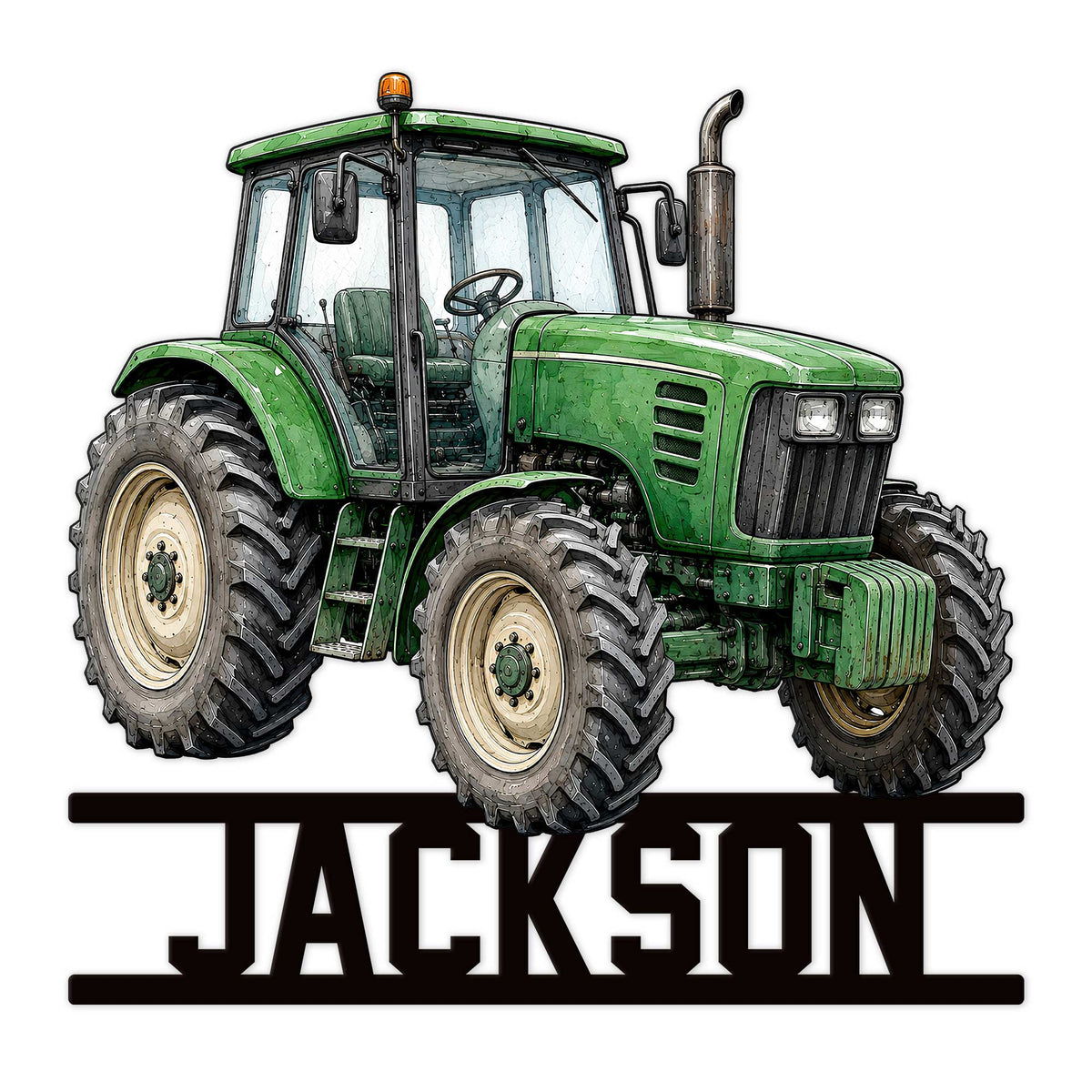 Detailed green farm tractor metal sign with bold custom lettering beneath the tractor illustration