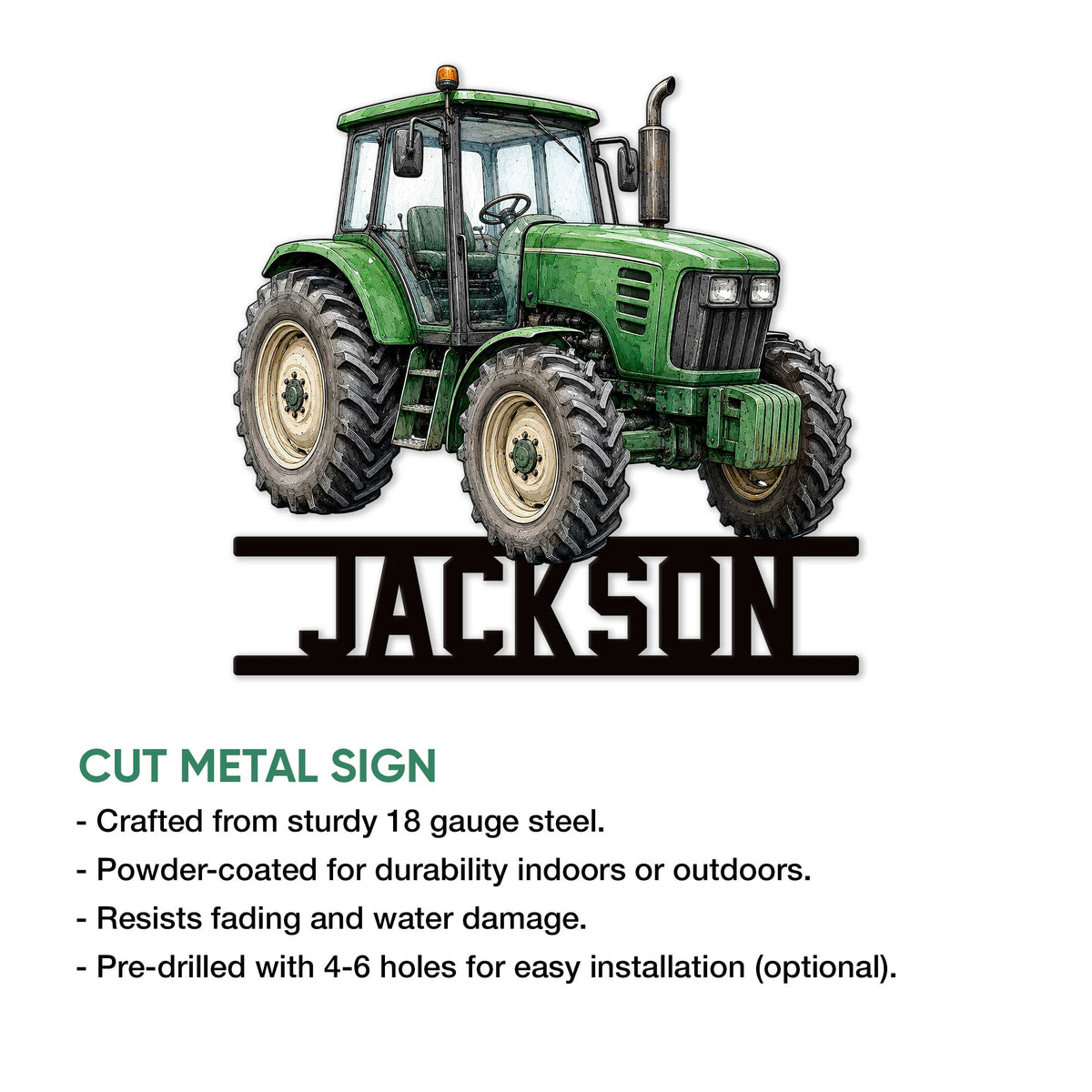 Green tractor cut metal sign shown with a clean silhouette design and indoor or outdoor display details