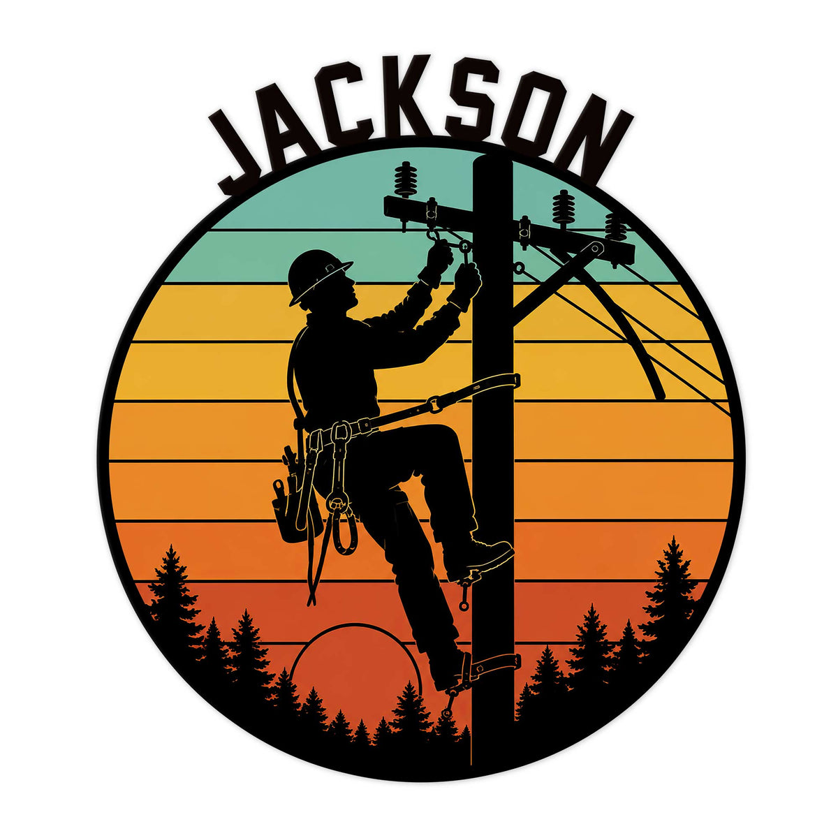 Lineman metal sign featuring a power line technician climbing a utility pole against a colorful sunset