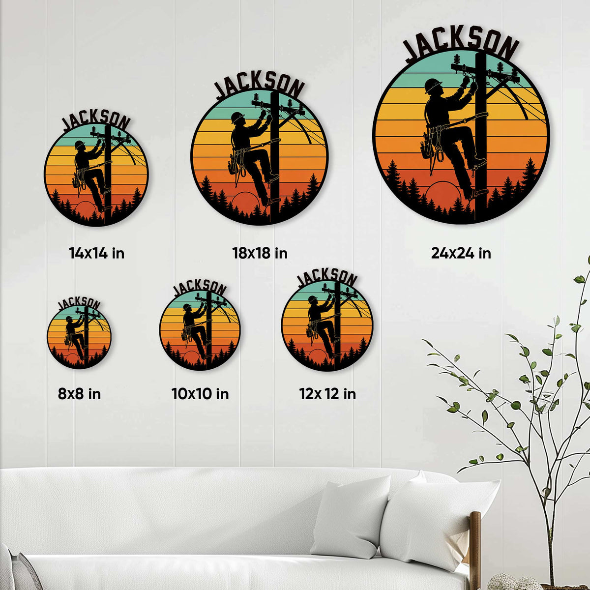 Lineman metal sign size guide showing round sign options from 8 by 8 to 24 by 24 inches