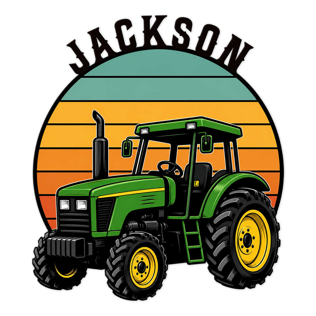 Colorful custom tractor metal sign featuring a green farm tractor against a striped sunset background