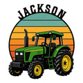 Colorful custom tractor metal sign featuring a green farm tractor against a striped sunset background