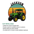 Green tractor metal sign product graphic with cut metal sign details and indoor or outdoor display use