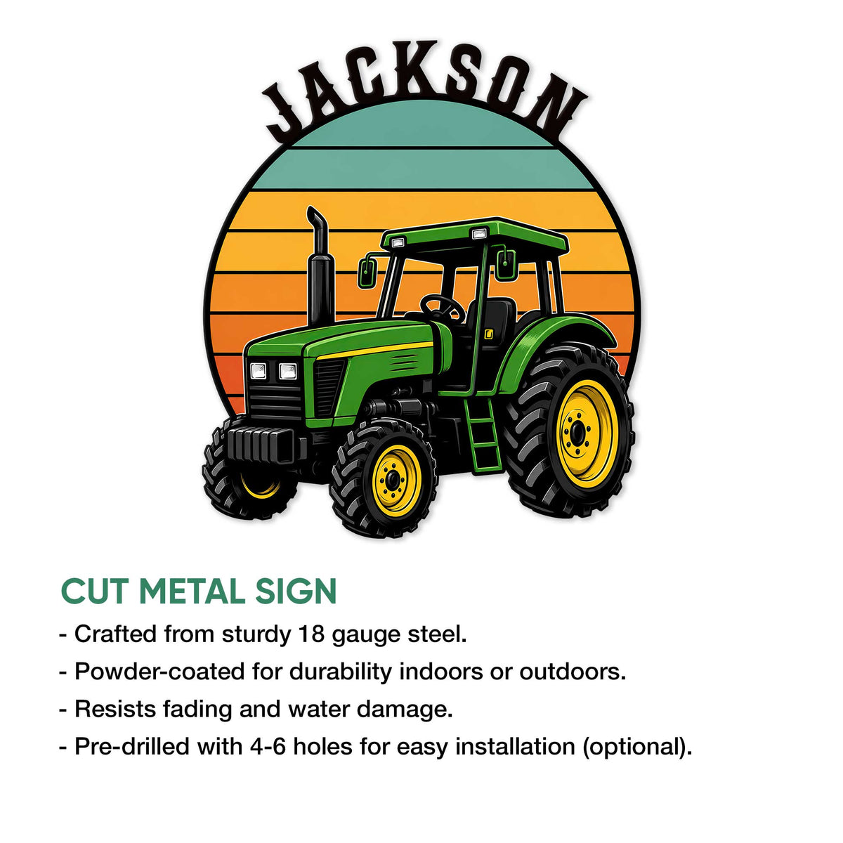 Green tractor metal sign product graphic with cut metal sign details and indoor or outdoor display use