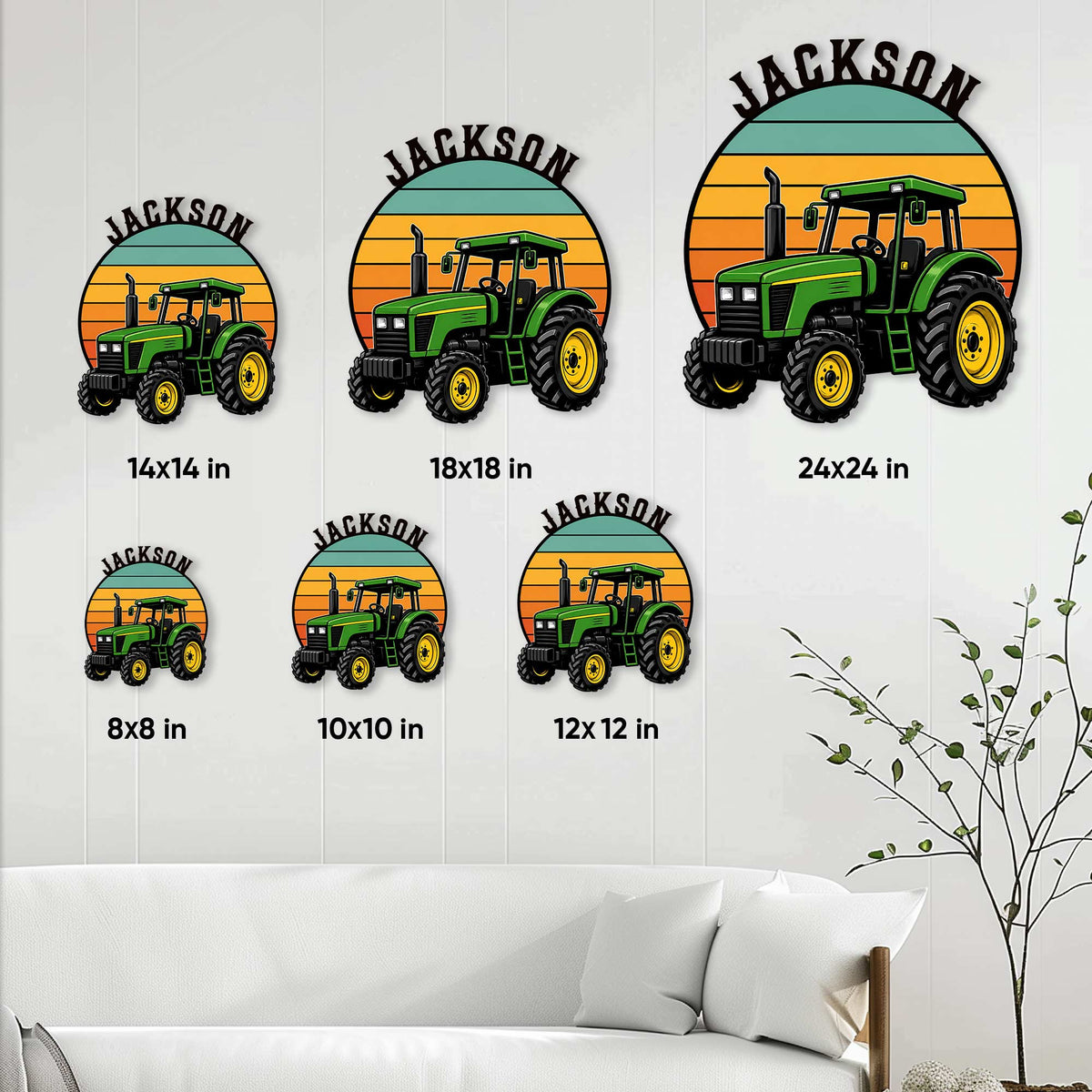 Tractor metal sign size guide showing available square sizes from 8 by 8 to 24 by 24 inches