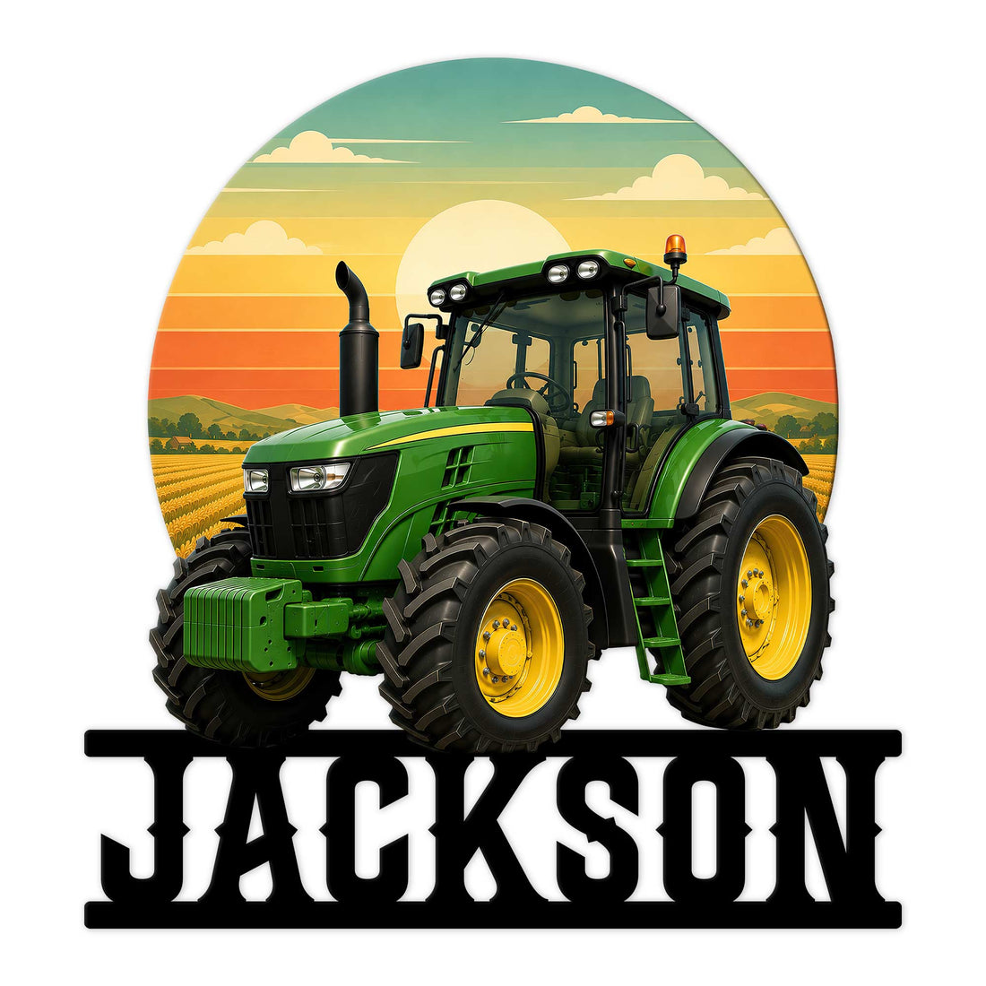 Green farm tractor metal sign with bold cutout lettering and a colorful sunset over rural fields
