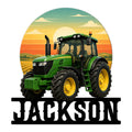 Green farm tractor metal sign with bold cutout lettering and a colorful sunset over rural fields