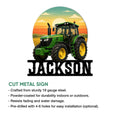 Detailed tractor metal sign shown with a round sunset farm scene and cut-metal wall decor design