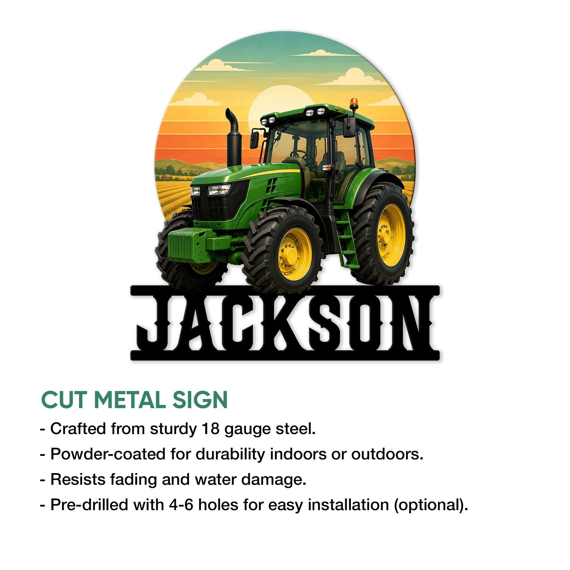 Detailed tractor metal sign shown with a round sunset farm scene and cut-metal wall decor design