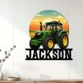 Farm tractor wall sign displayed on a white paneled wall as rustic agricultural decor