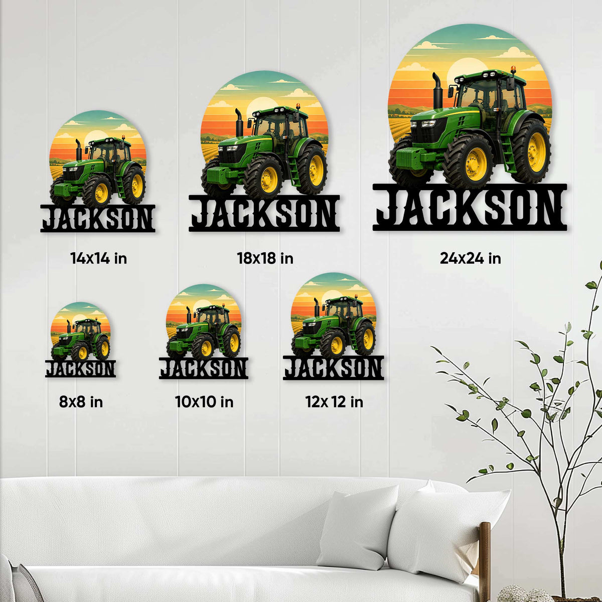 Tractor metal sign size guide showing available 8, 10, 12, 14, 18, and 24 inch options