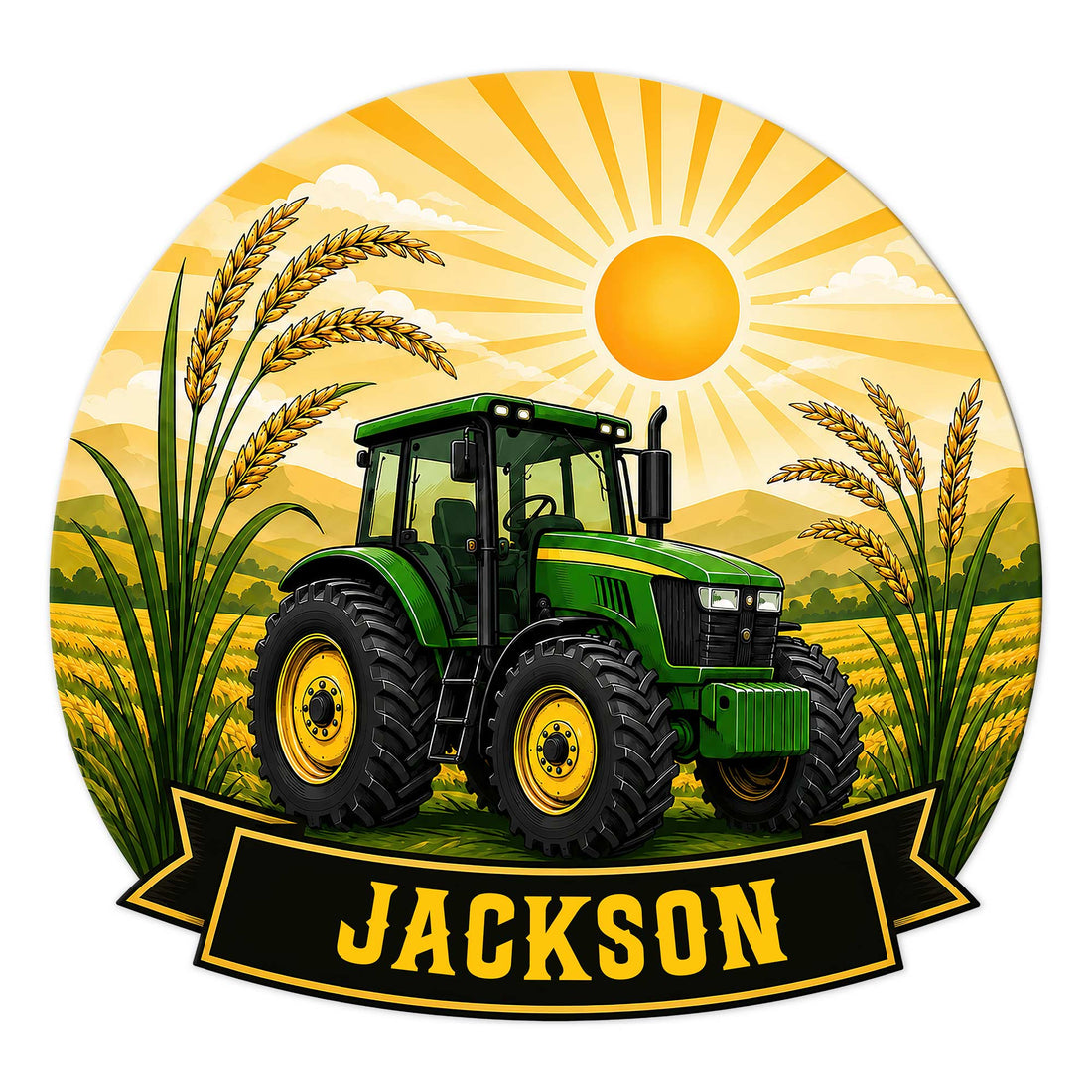 Custom tractor metal sign featuring a green farm tractor, golden wheat, rolling fields, and a sunrise