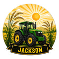 Custom tractor metal sign featuring a green farm tractor, golden wheat, rolling fields, and a sunrise