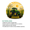 Tractor metal sign feature guide showing the farm design and cut metal sign presentation