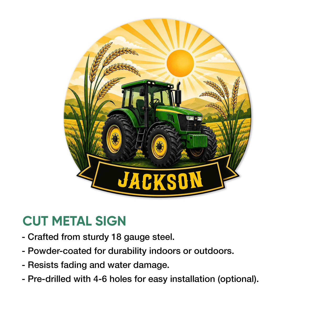 Tractor metal sign feature guide showing the farm design and cut metal sign presentation