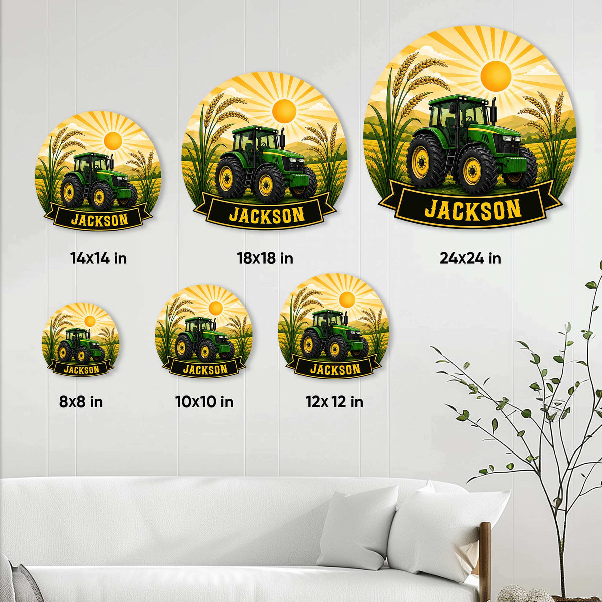 Tractor metal sign size guide showing six round size options from 8 by 8 to 24 by 24 inches