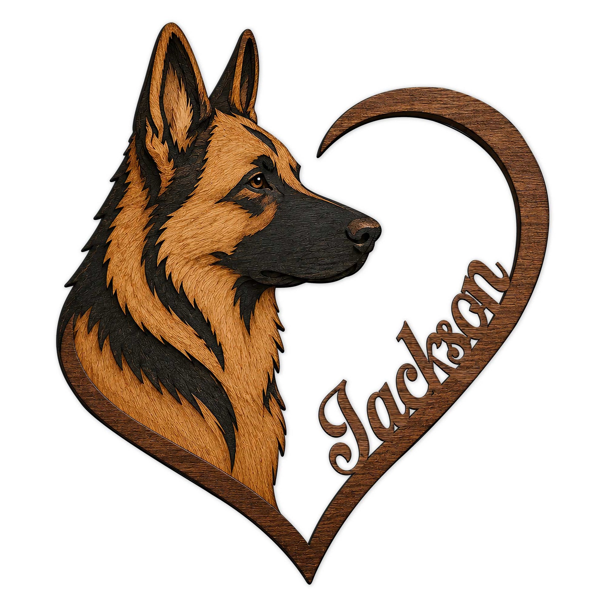Custom German Shepherd metal sign with a detailed dog portrait framed by a heart-shaped design
