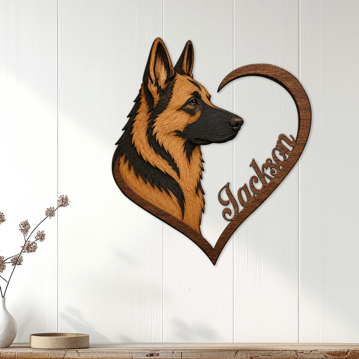 German Shepherd heart wall sign displayed on a light paneled wall in a cozy home setting