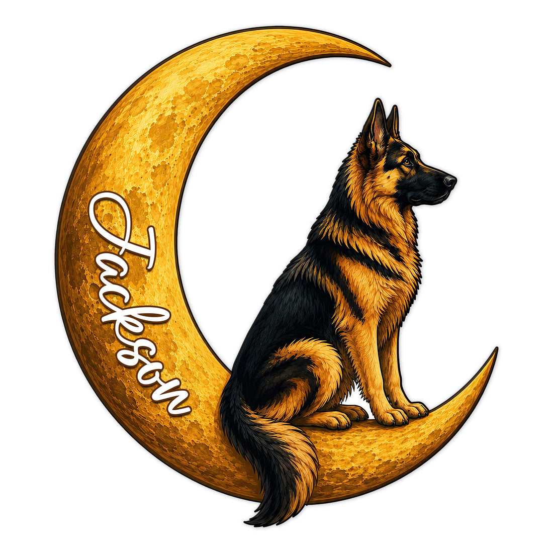 German Shepherd metal sign featuring a detailed dog seated on a golden crescent moon