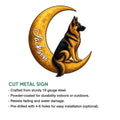 German Shepherd crescent moon metal sign shown in a product features infographic