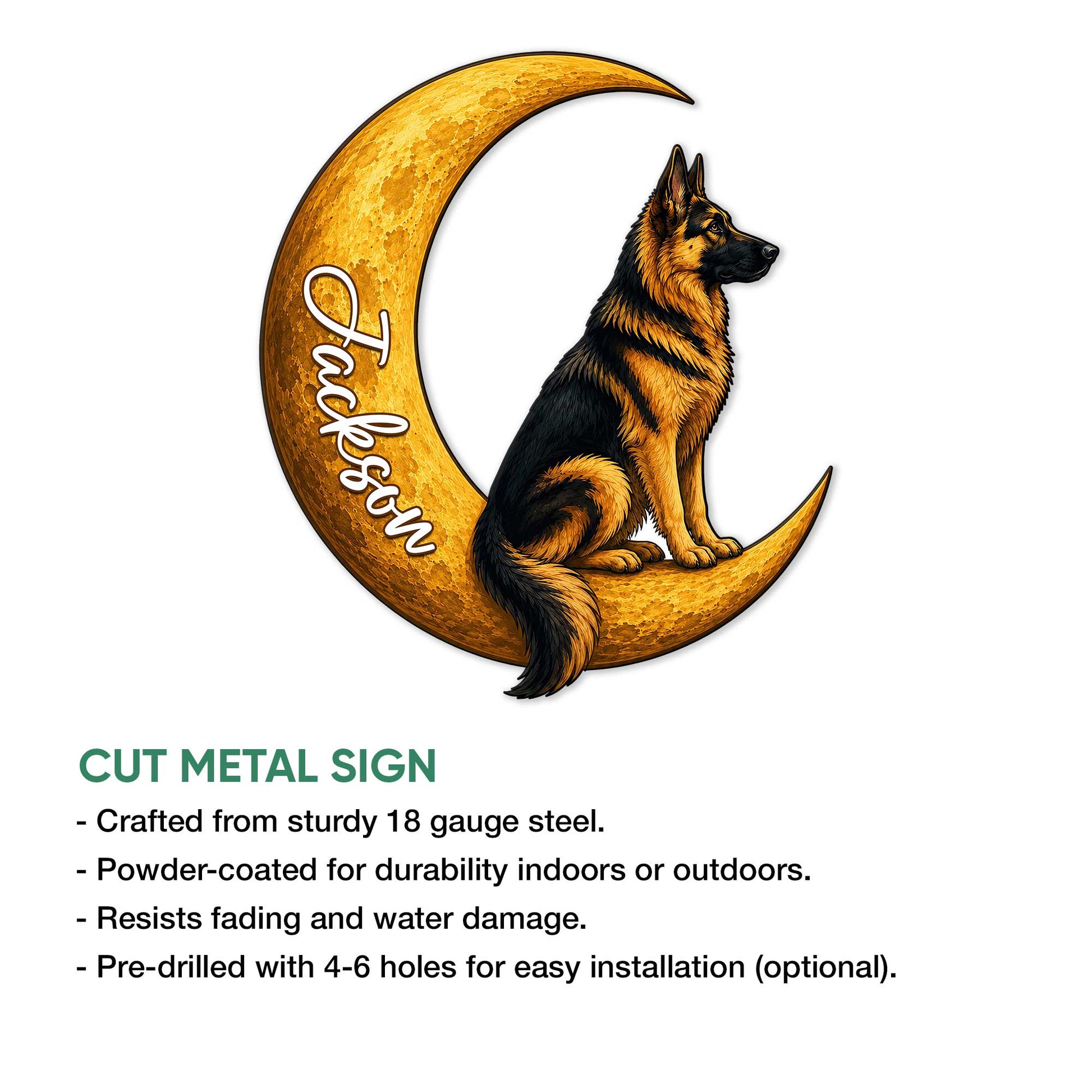 German Shepherd crescent moon metal sign shown in a product features infographic