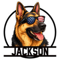 Custom German Shepherd metal sign featuring a patriotic dog portrait wearing American flag sunglasses
