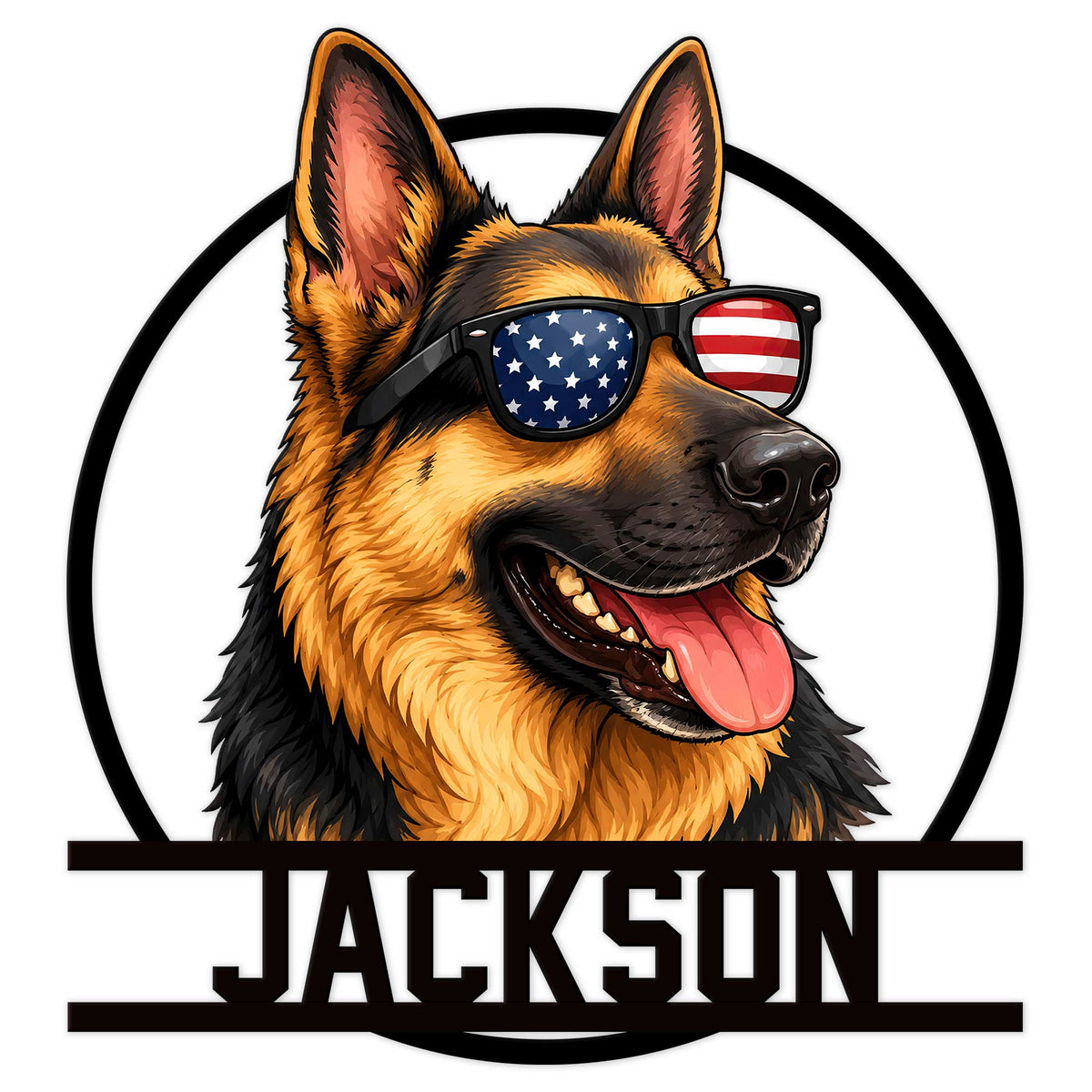 Custom German Shepherd metal sign featuring a patriotic dog portrait wearing American flag sunglasses