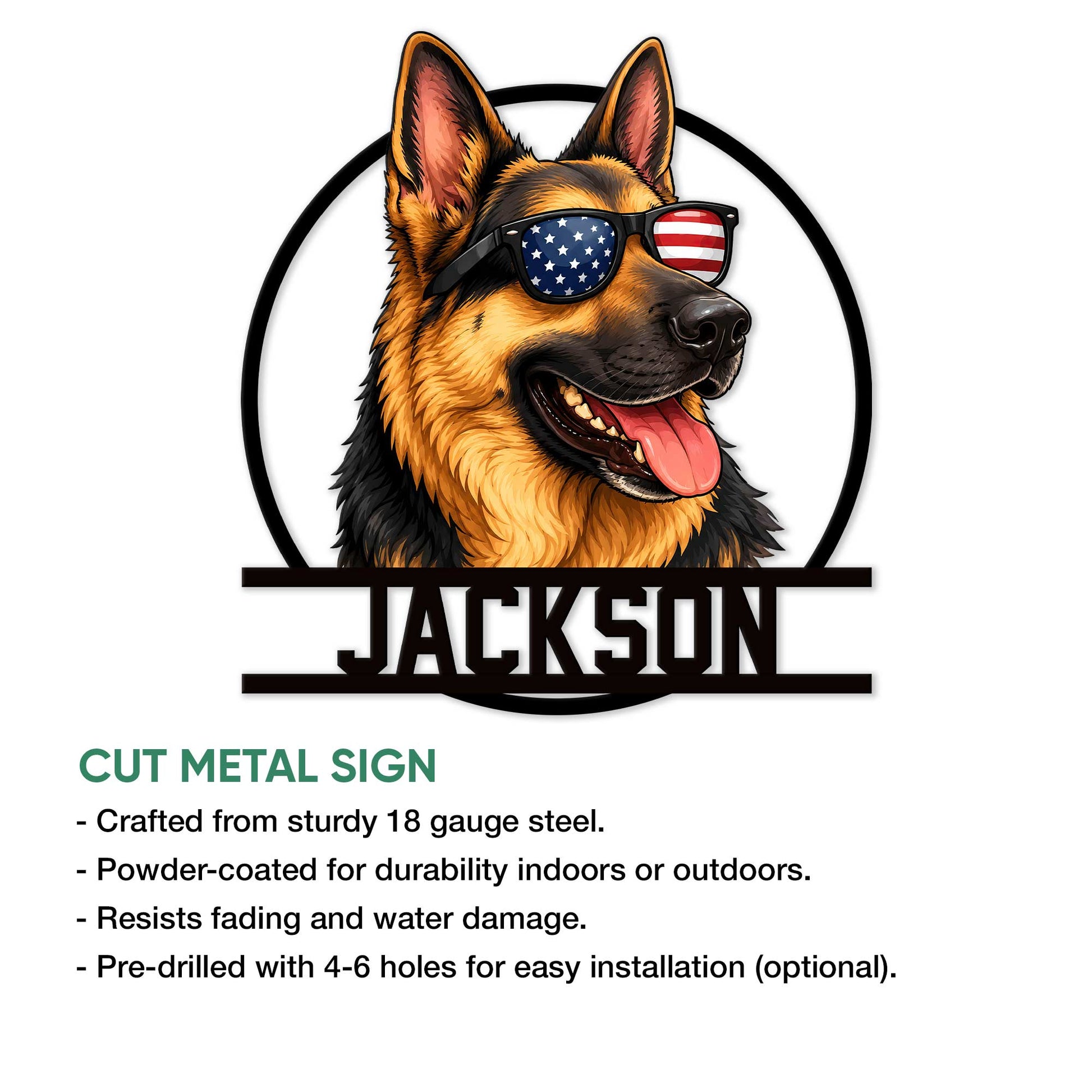 German Shepherd cut metal sign shown with product feature details and patriotic portrait artwork