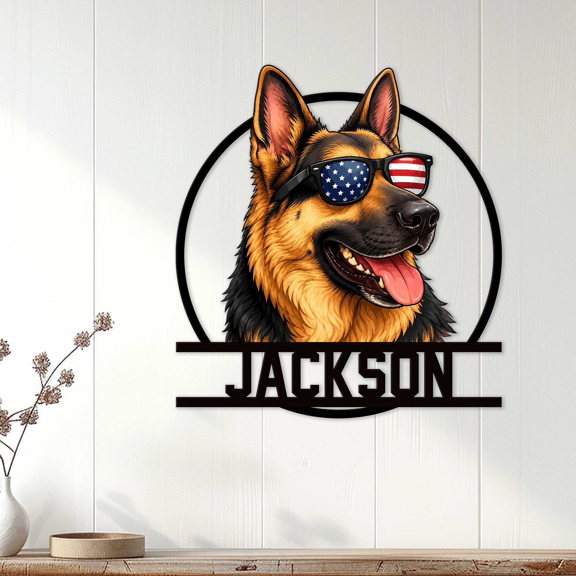 Patriotic German Shepherd wall sign displayed as statement decor in a bright home interior