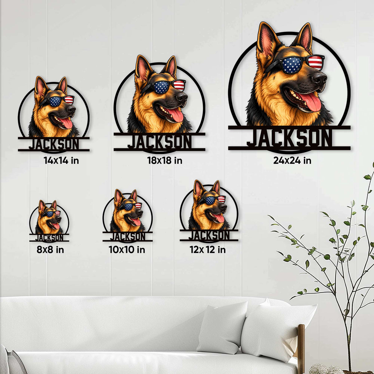 German Shepherd metal sign size guide showing six square size options in a living room setting