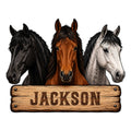 Custom horse metal sign featuring three detailed horse portraits above a rustic wood-style sign design
