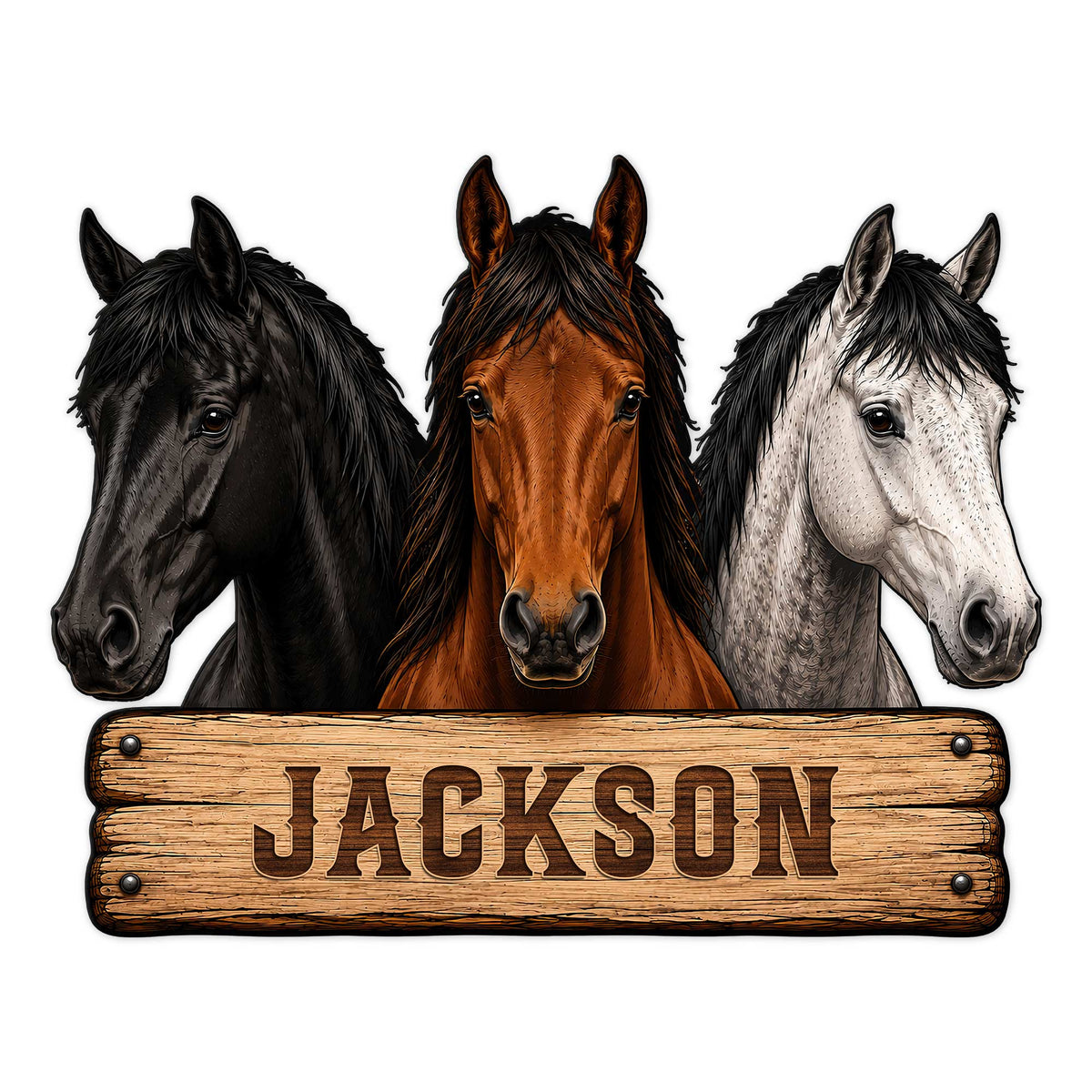 Custom horse metal sign featuring three detailed horse portraits above a rustic wood-style sign design