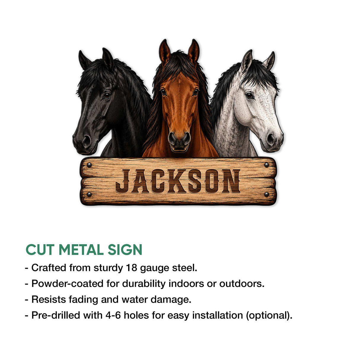 Horse metal sign feature graphic showing three horse portraits and cut metal sign construction details