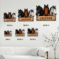 Horse metal sign size guide showing six square size options in a styled home interior