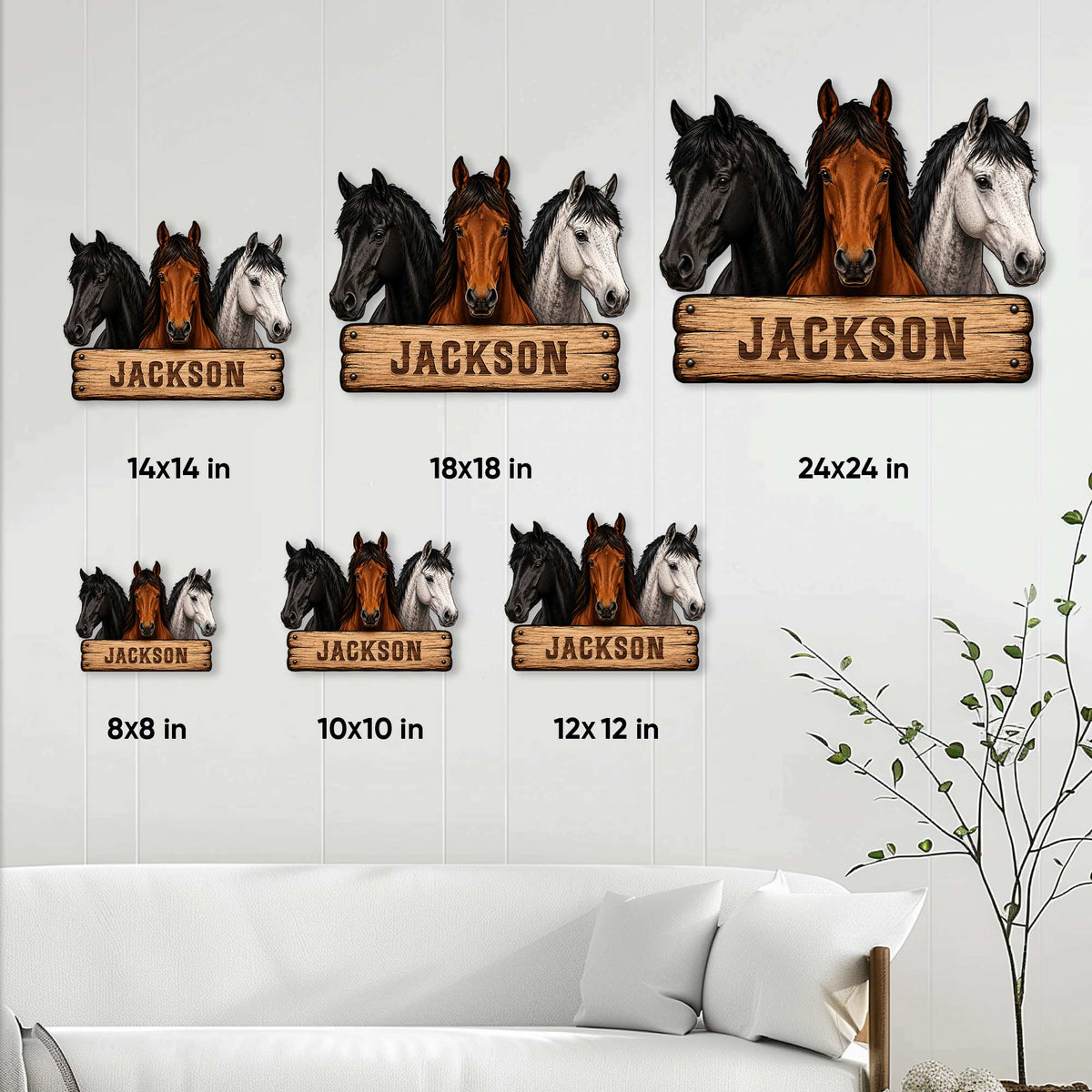 Horse metal sign size guide showing six square size options in a styled home interior