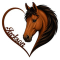 Horse head metal sign framed by a heart-shaped design in rich chestnut and black tones