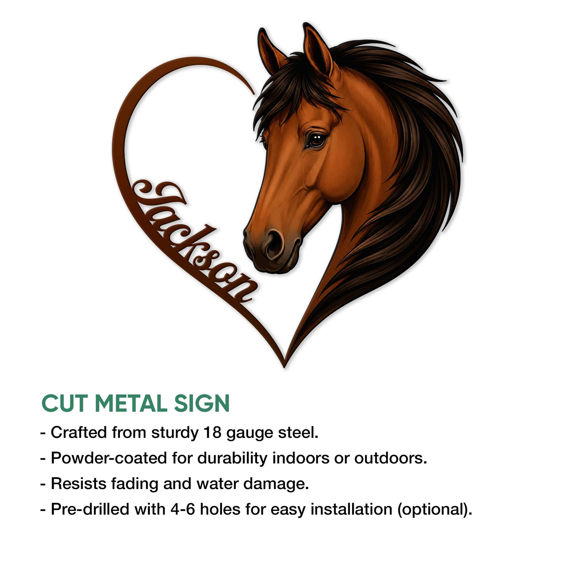 Cut metal horse sign featuring a detailed chestnut horse portrait and heart-shaped silhouette