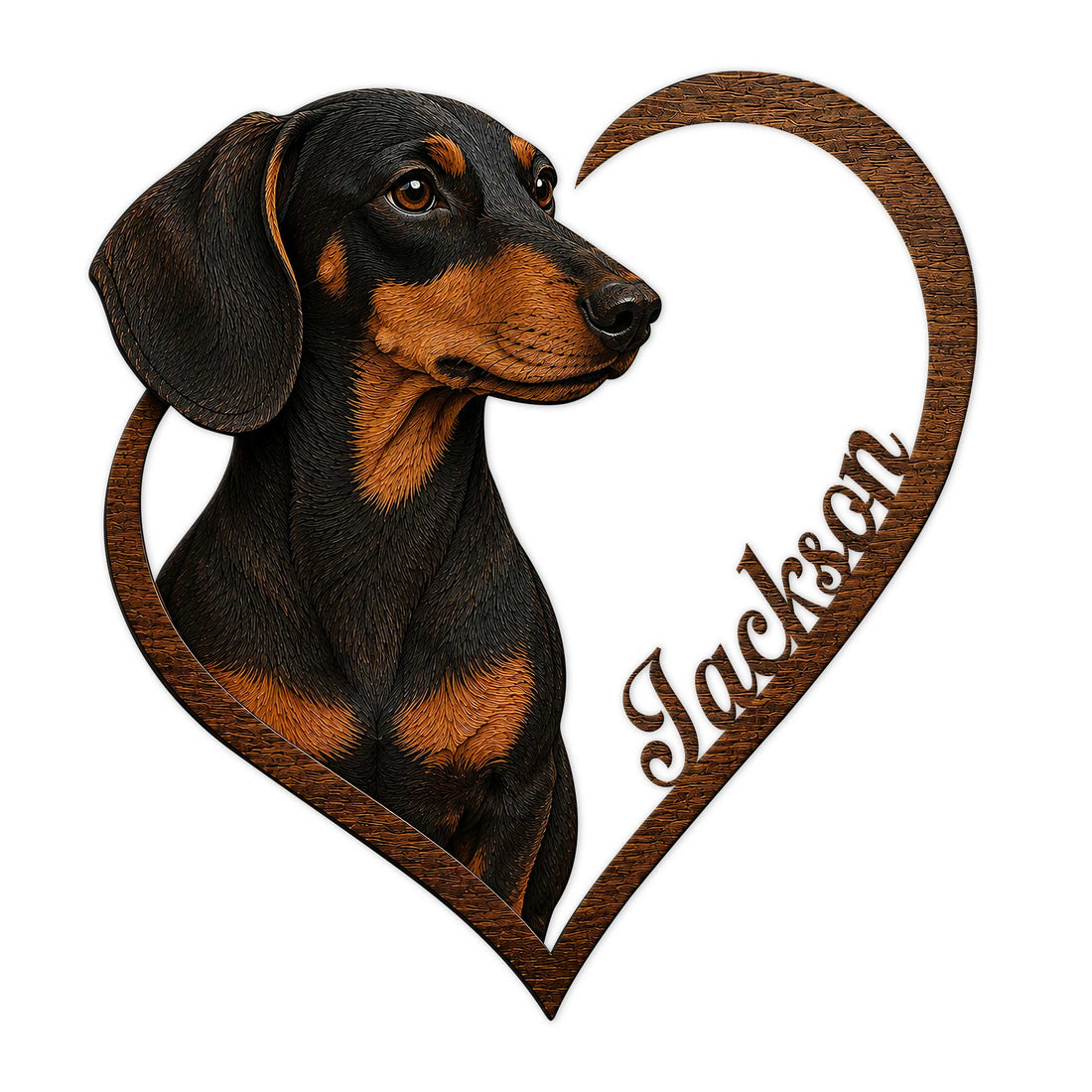 Black and tan dachshund portrait framed by a heart-shaped woodgrain design on a metal sign