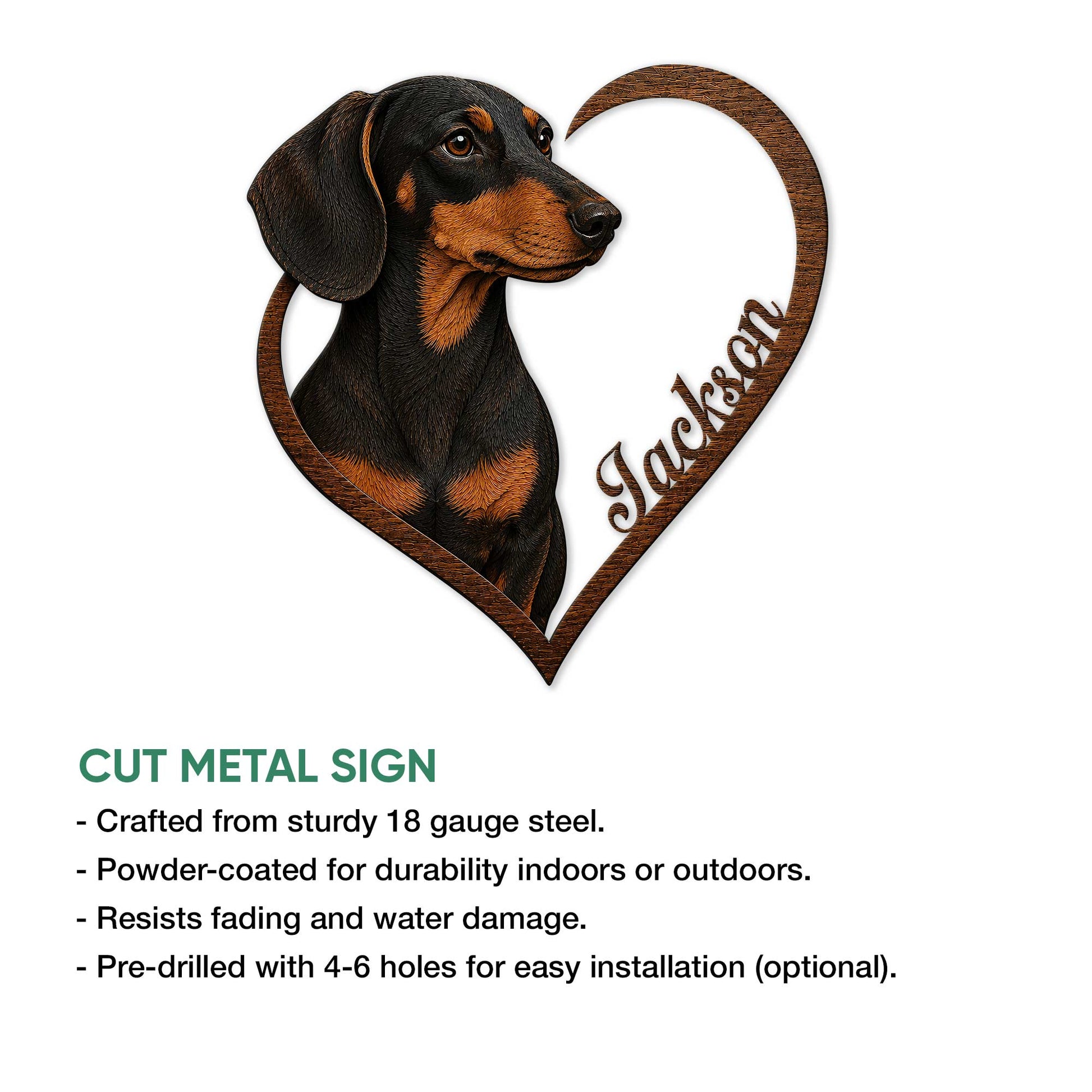 Heart-shaped dachshund metal sign shown with a close view of its cut design and finish