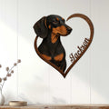 Dachshund heart metal sign displayed on a white paneled wall in a cozy home setting