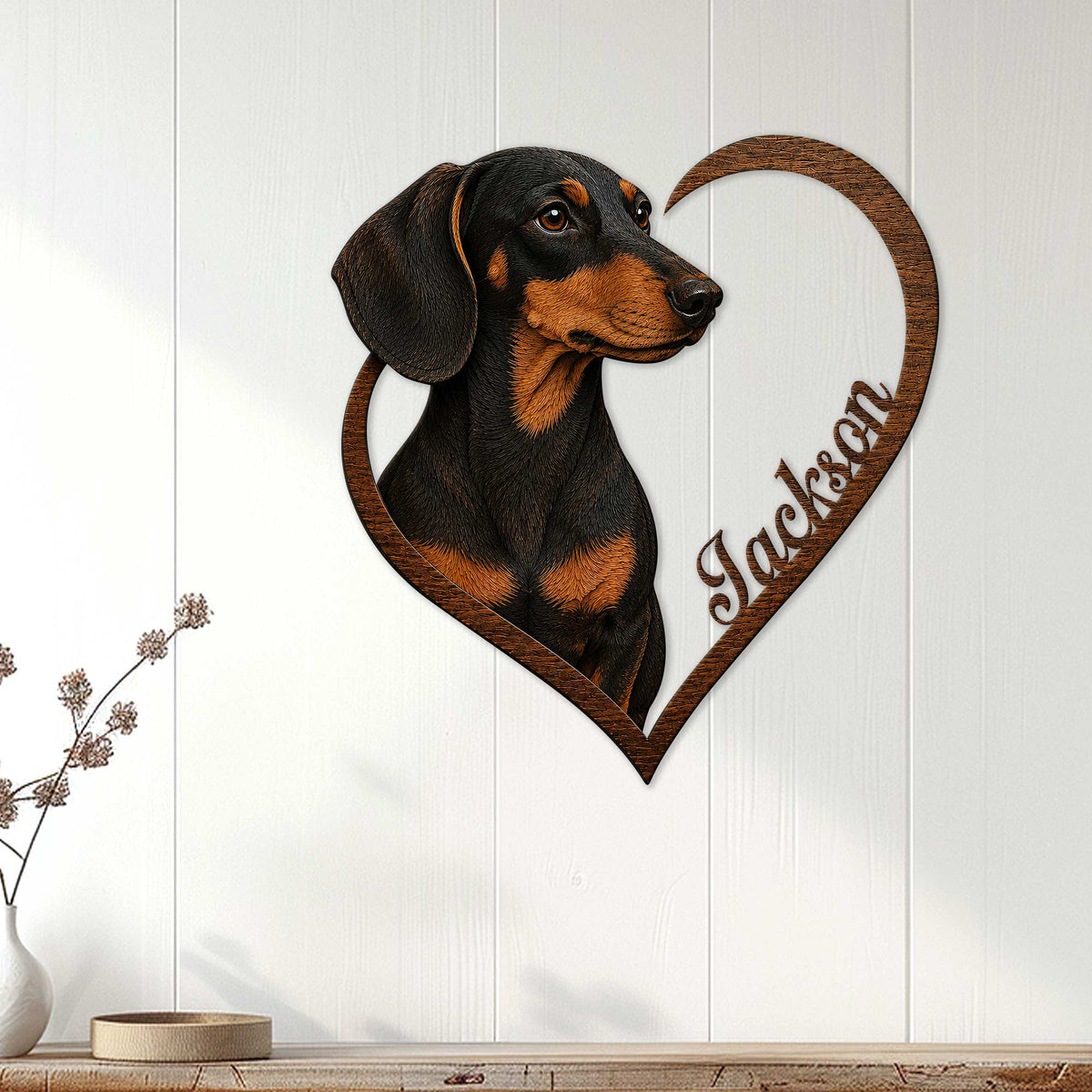 Dachshund heart metal sign displayed on a white paneled wall in a cozy home setting