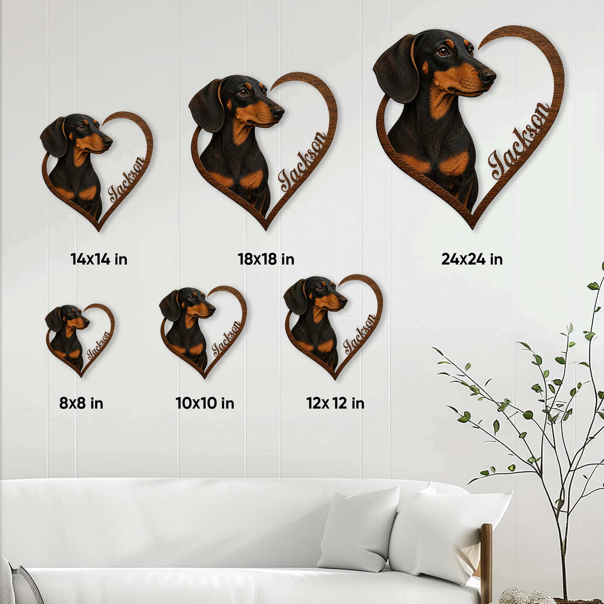 Dachshund heart metal sign shown in multiple size options as a wall decor sizing guide