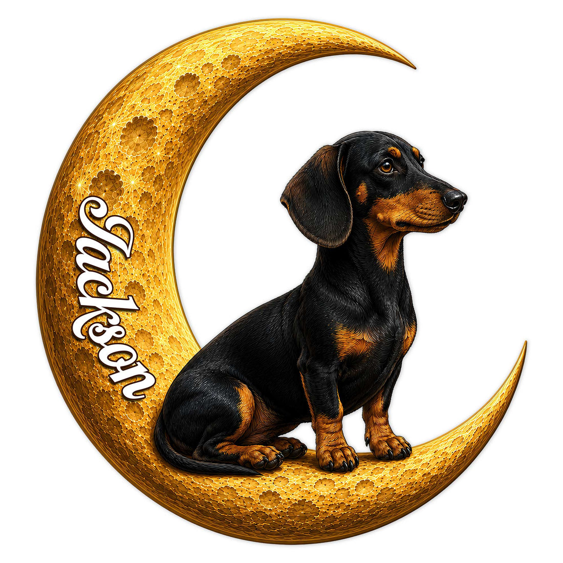Dachshund metal sign featuring a black and tan wiener dog resting on a golden crescent moon